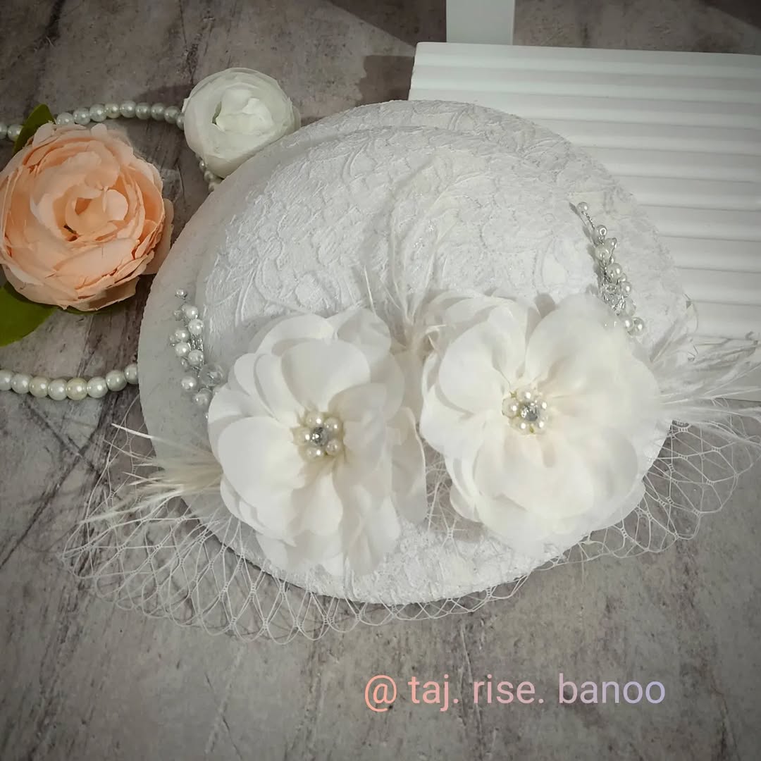 کلاه عروس با گلهای حریر وریسه های مروارید