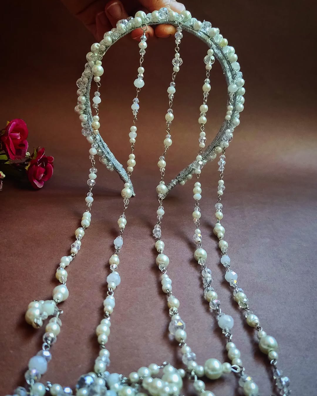 تل آبشاری  زنانه دوبل وآویزداربا ترکیب کریستال ومروارید